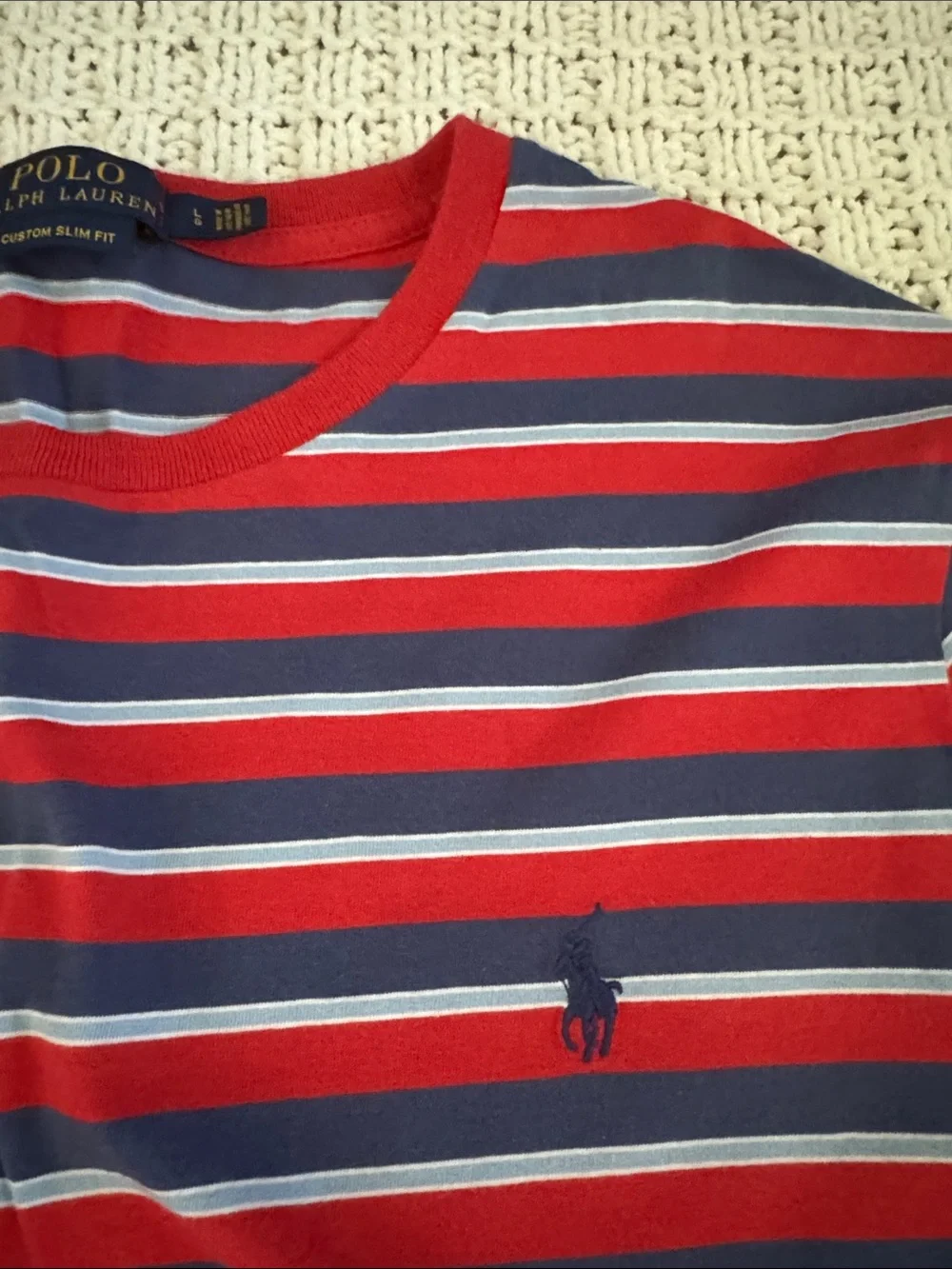 Polo by Ralph Lauren Red, Navy & White Striped Crew Neck Tee